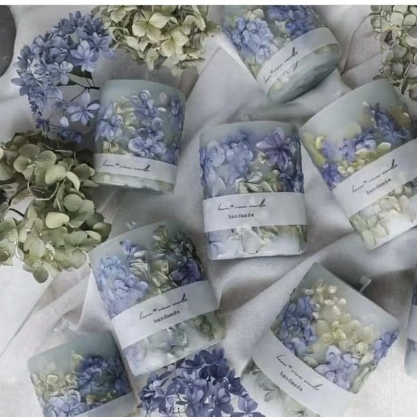 Ins doftljus med odödliga blommor, hortensia, torkade blommor, sojabönsvax, sojavax, present, gränsöverskridande ljus, sovrumsdekoration