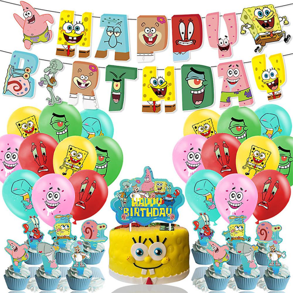 Cartoon Spongebob Square Birthday Party Supplies - 32pcs Birthday Party Set with Happy Birthday Banner Cake Topper Cupcake Toppers Prom