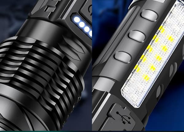 Superkirkas LED-taskulamppu 1500 lumenia, USB-ladattava, 7 tilaa, taktinen taskulamppu