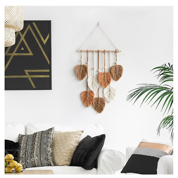 Chic Feather Boho Macrame Väggdekor Handgjorda Garn Tassels Vävda Väggkonst Blad Tapet Bohemian De