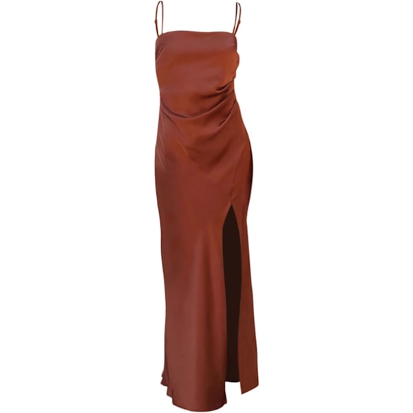 Satin Maxi Kjole til Kvinder - Ribbet Side Slids - Mesh En-Skulder - Fest Cocktail - Off Shoulder light brown S