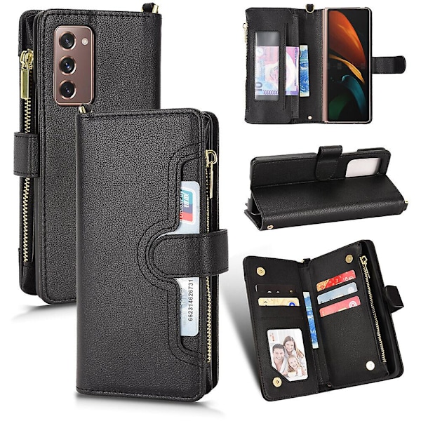 Etui til Samsung Galaxy Z Fold 2 med glidelås, magnetisk lommebok, kortspor, PU-lær, klaffetui Svart Black A