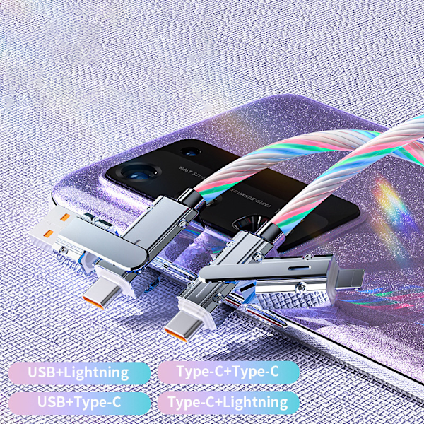 4-i-1 180 graders roterende RGB-strøm lysende USB-ladekabel type C og A4