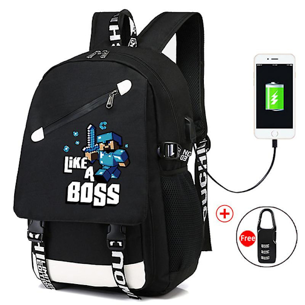 Minecraft Ryggsäck Svart USB Laddare Port Vattentät Resväska Skolväska 15 Dator Business Bag Vattentät Mochilas