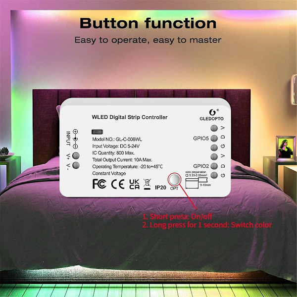 GLEDOPTO WLED Strip Controller LED-lys Over 100 dynamiske lystilstande DIY WiFi APP-styring 800 IC RGB RGBW Ingen hub påkrævet