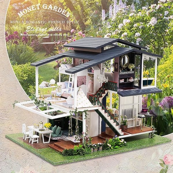 Monets have gør-det-selv trædukkehus, fransk stil F sommerhus dukke