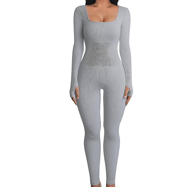 Träningsjumpsuits för kvinnor Ribbade Långärmade Sportjumpsuits Light Grey S