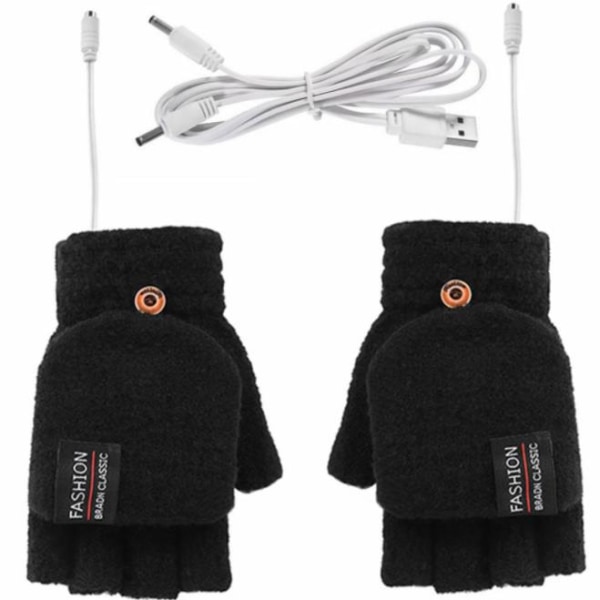 USB Elektriska Vantar Vinter Uppvärmda Handskar Full & Halv Finger Värmare black