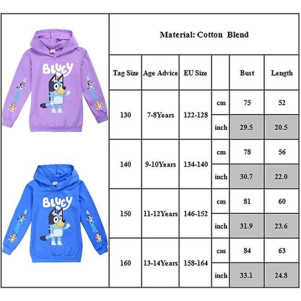 Bingo Bluey Hoodie med tecknad tryck för barn casual tröja Lila Purple 11-12 Years