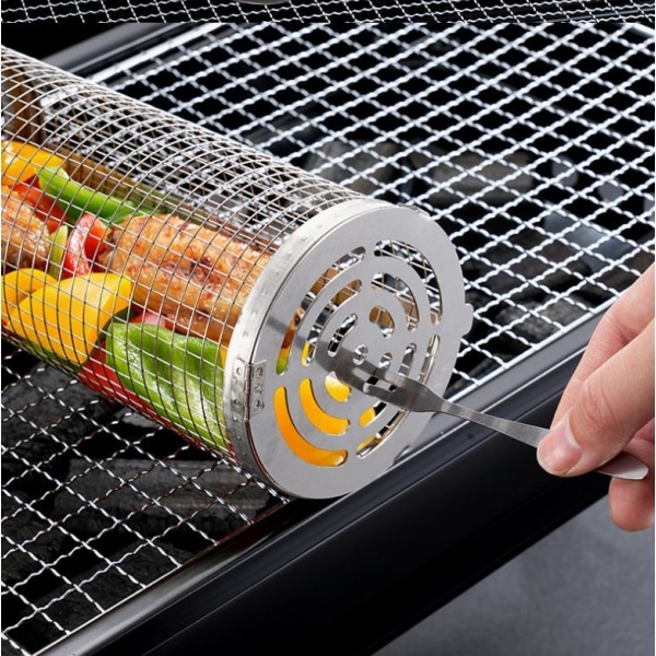 2-pack grillkorg i rostfritt stål, 2 krokar och 2 gafflar. Rullgrill