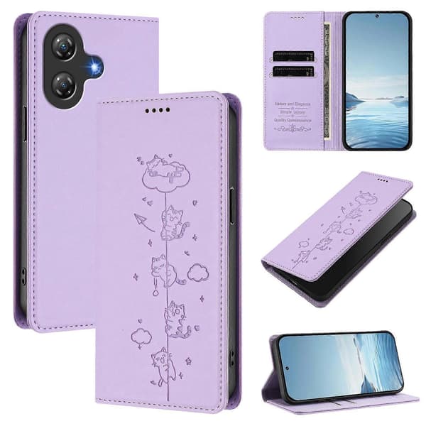 Søde Katte Præget Magnetisk RFID Vegansk Læder Telefoncover Light Purple For Ulefone Note 21