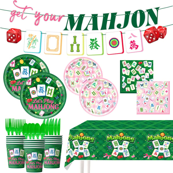 Mahjong-temafest Engangsservisesett med vimpelbanner, papptallerkener, kopper, servietter for bursdagsfeiring 9pcs