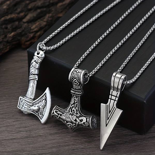 3 st Viking Halsband för Män - Viking Hammare Norse Kompass Keltisk Knuta Yxa Hänge Nordisk Antique Silvery