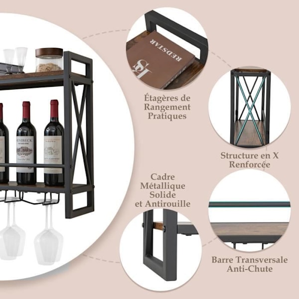 COSTWAY Industriel 2-lags vægmonteret vinreol med metal kopholder, opbevaringshylde til køkken bar spisestue Rustic brown