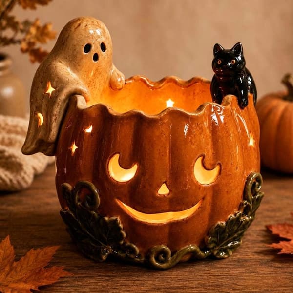 Gresskar lysestake i harpiks med spøkelseskatt, Halloween borddekorasjon, 2 størrelser S