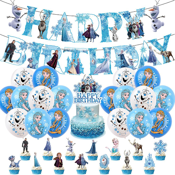 Frozen-tema fødselsdagspynt og tilbehør til børn, herunder Happy Birthday-banner, kage-/cupcakepynt, balloner