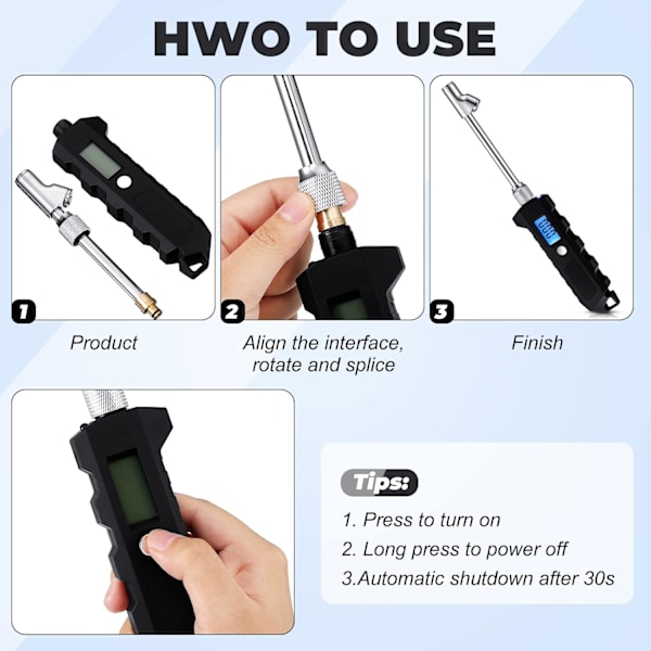 2 stk. digitalt dæktryksmåler 250 PSI Heavy Duty dobbeltkop rustfrit stål med LCD og lommelygte til bil, lastbil, RV, biltilbehør