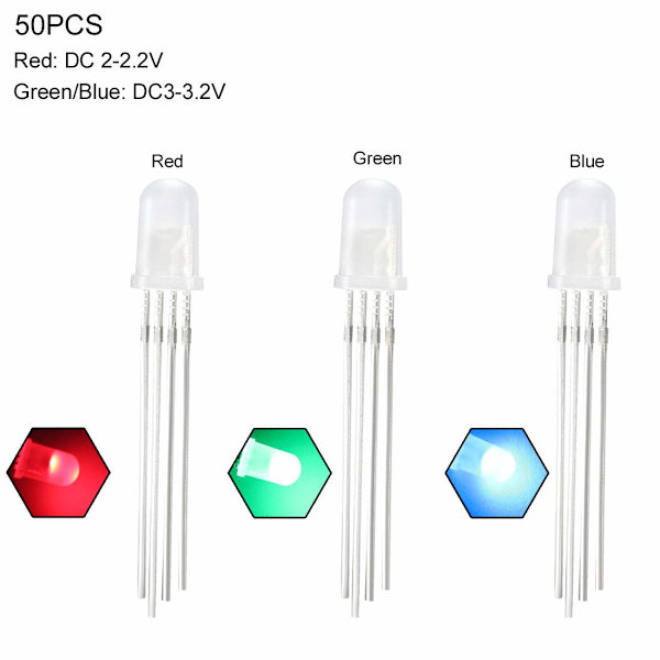 50 stk. 5mm RGB LED-diodelamper Tri-Color (Multi-Color Rød Grøn Blå 4-bens fælles katode) Belysningselektronikkomponenter Lysemitterende dioder