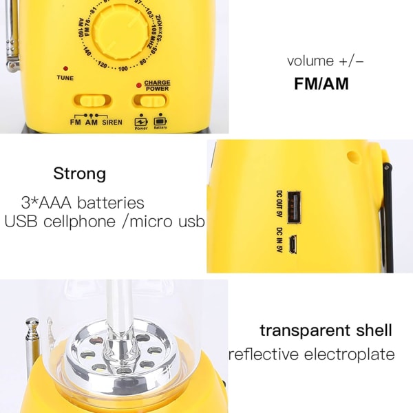 Svingelampe, Svingelanterne, 4-i-1 Sol USB Genopladelig LED Udendørslys, Håndsvingelampe med Teltlommelygte med AM/FM Radio Nødoplader