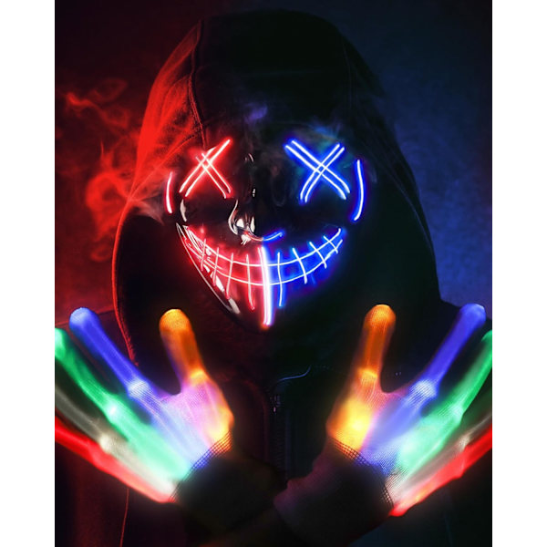 Halloween Mask Skeleton Gloves Set, 3 Modes Light Up Scary LED Mask with LED Glow Gloves, Halloween Decorations