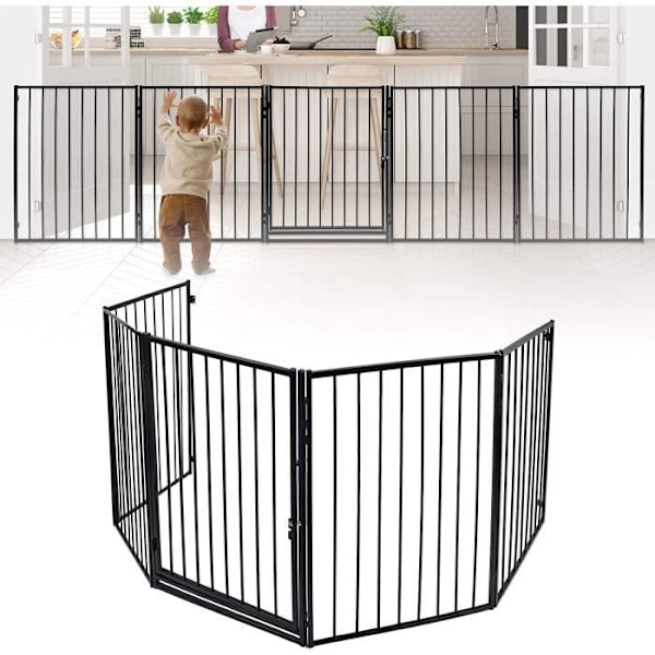 NAIZY Sammenleggbar barnesikkerhetsport 305CM, peisbeskyttelse for dyr, metallbeskyttelsesgitter, svart