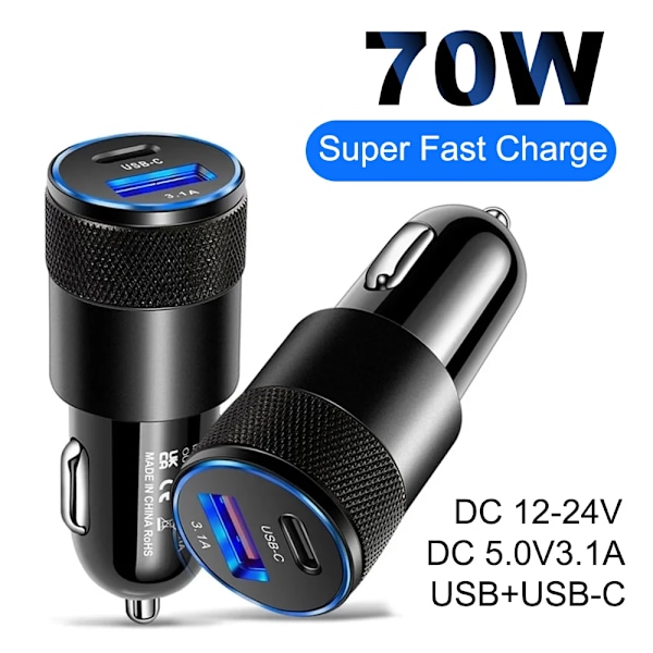 70W PD Biloplader USB Type C Hurtigopladning Biltelefonoplader Adapter til iPhone 15 14 13 Xiaomi Huawei Samsung Quick Charge 3.0