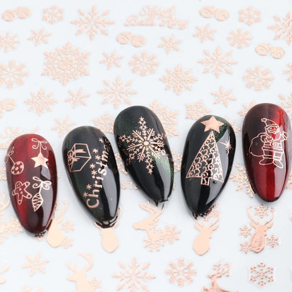 Självlysande julnagelstickers, självhäftande roséguld, vintersemester, julsnöflinga, nageltillbehör, nagelkonstdesign, dekoration