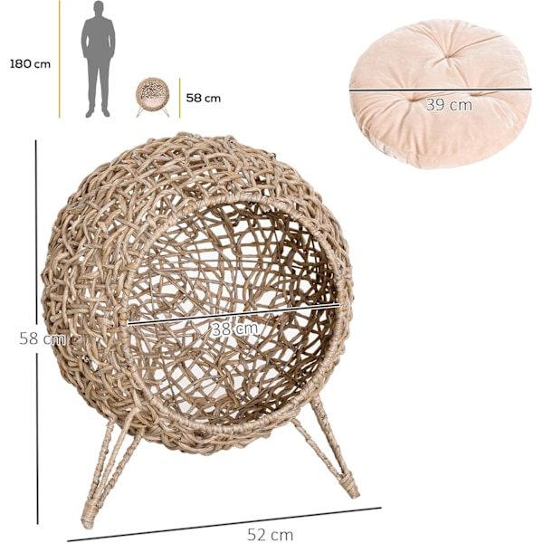 Kattehus, Rattan Hævet Katteseng Kugleformet Kattekurv med Pude - Naturlig Træfinish