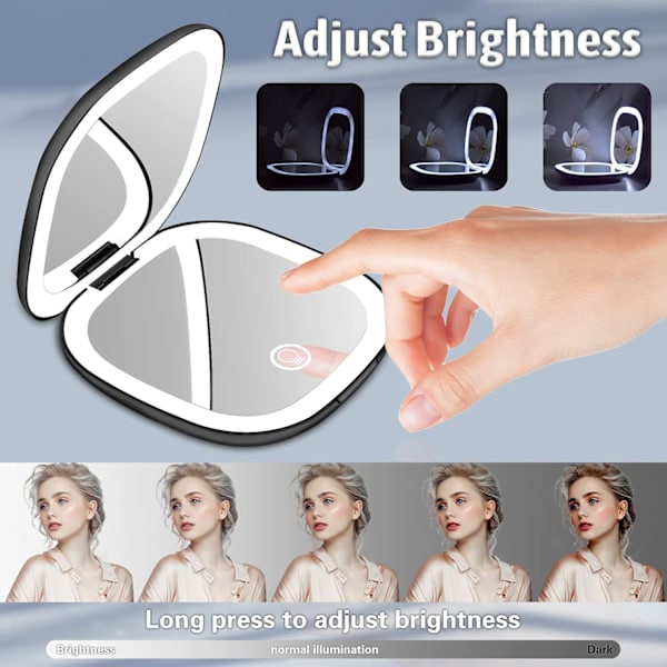 Kompakti peili 1X / 10X suurennoksella, Kannettava taskupeili, Meikkipeili 2-puoleisella LED-valolla, USB-C-ladattava matkustuspeili (Musta)