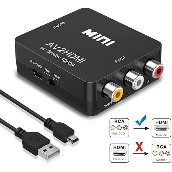 RCA till HDMI-konverterare, 1080p RCA för PS2 Wii Xbox SNES N64 VHS VCR Kamera DVD, Stöder PAL/NTSC med USB-strömkabel
