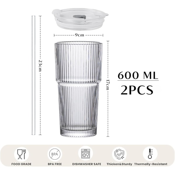 2 STK 600ML Ribbede Glas Tumblere med Låg og Glas Sugerør Kaffekop