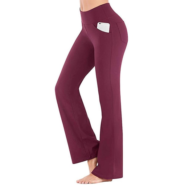 Kvinners ensfargede elastiske høye midje yoga bukser pustende komfortable full lengde vide ben bukser sommer casual flare bukser vinrød Wine Red M