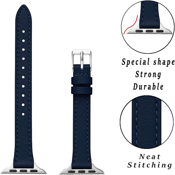Smalt läderarmband kompatibelt med Apple Watch Band 38 mm Marinblå med silver Navy with Silver 42mm/44mm/45mm/49mm