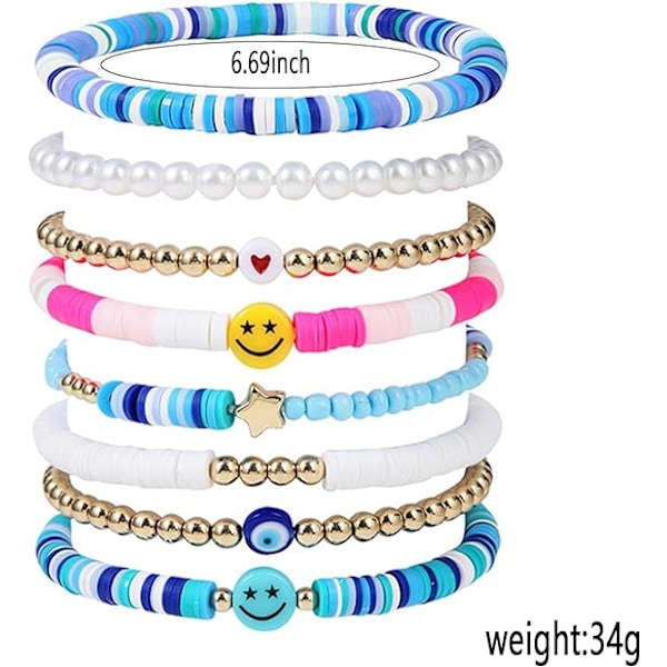 Surfer armbåndsett, fargerikt hvitt gull smil hjerte stjerne ondt øye perler polymerleire perle stable sjarm Y2K estetisk sommer strand smykker