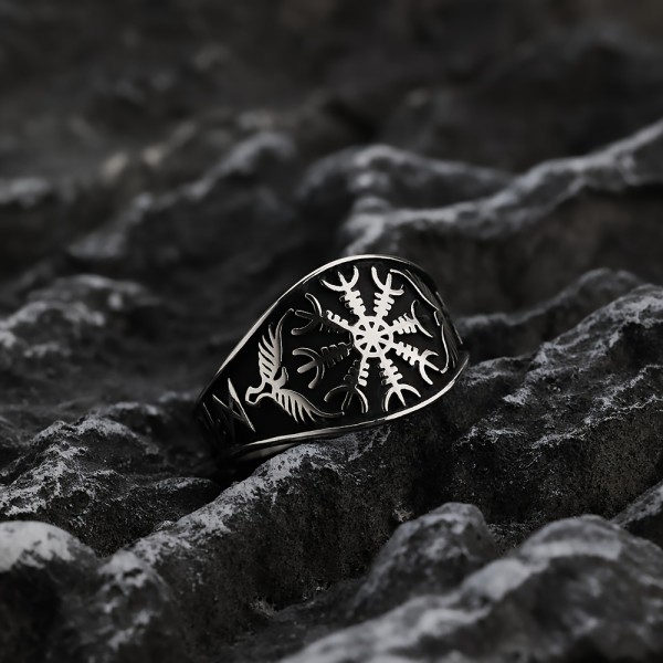 1 st Viking Odin Raven Titanium stålring, kompass för män Rune Fashion rostfritt stål ring Nesame Size 9