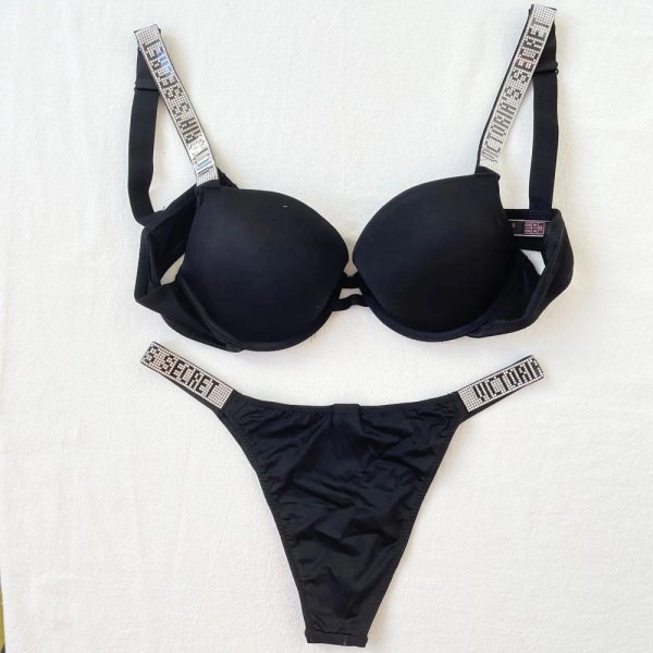 Sexig underkläder Komfort Kvinnor Set Push Up BH Victoria's Secret Underkläder Set Damunderkläder Vetement Femme svart svart 85B