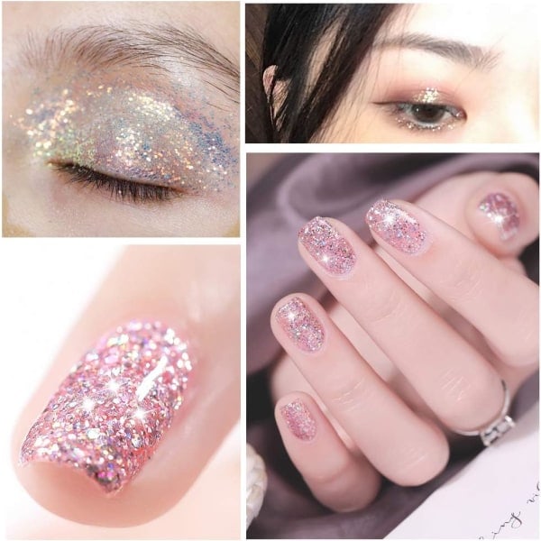 Kroppsglitter, ansiktsglitter, festivalglitter, hårflimmer, negleglitter, neglekunstsett, kosmetisk glitter 12 artikler