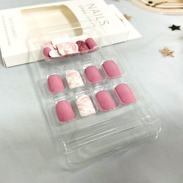 Glitter Pink Solid Color Print On Nails Short Coffin Shape False Nails Shiny Cover Artificial Nails Reusable Stick On Nails