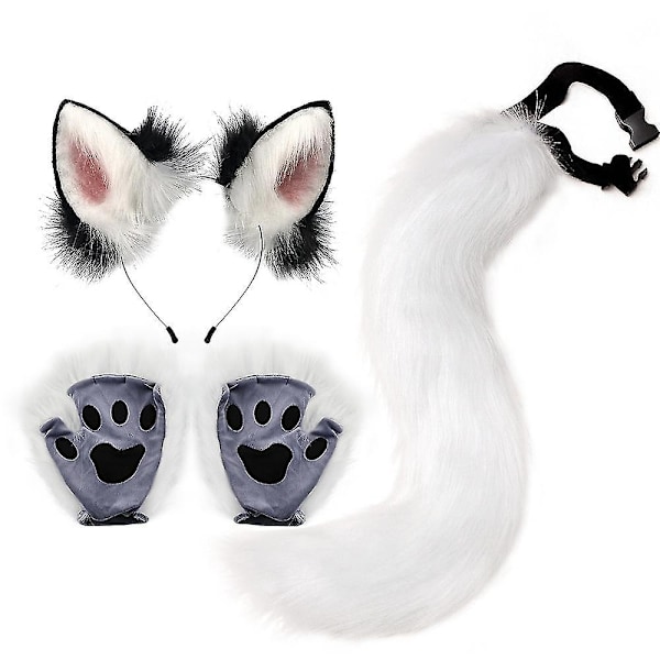 Lolita Simulation Beast Claw Plys Fox Ører Pandebånd Kunstig Pels Lang Pote Cosplay Rekvisitter Halloween Fest Tilbehør Sæt White