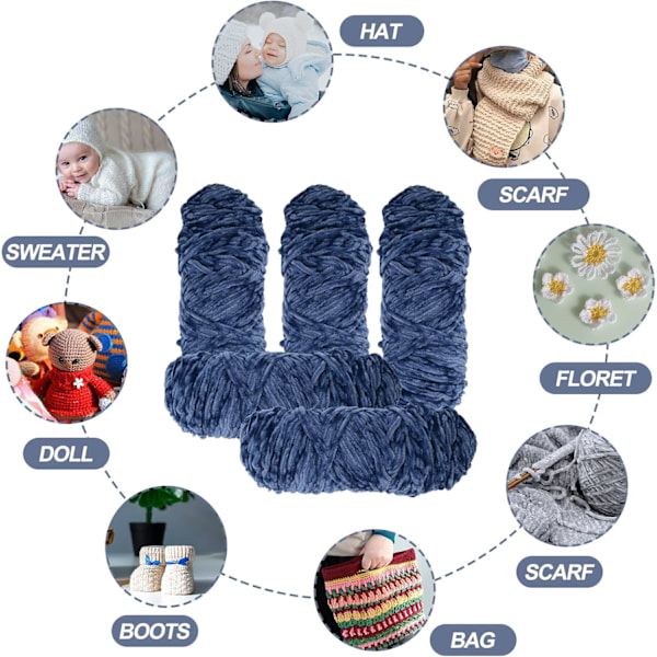 Chenille-lanka virkkaamiseen ja neulomiseen, 5 x 95 g, lanka virkkausprojekteihin blue-gray