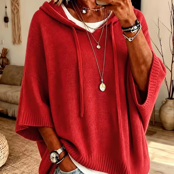 Hettegenser Cardigan for Kvinner, Kort Strikkegenser med Flaggermusermer Red M