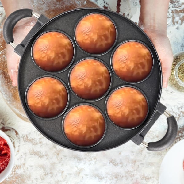 7 Kopper Støpejerns Bakeware, Stor Plass Støpejern Stekt Egg Pan, Premium Støpejern 7-Kopper Biscuit Pan, Stor Muffin Pan, Rundt Kjøkken Ikke-Klistre Baking