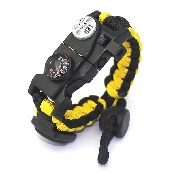 Selviytymisparacord-ranneke, tulen sytytin, vedenkestävä SOS-valo, kompassi, pilli, 20 in 1, Ulkoilun Ultimate Tactical Survival Gear Set, lahja Black-yellow