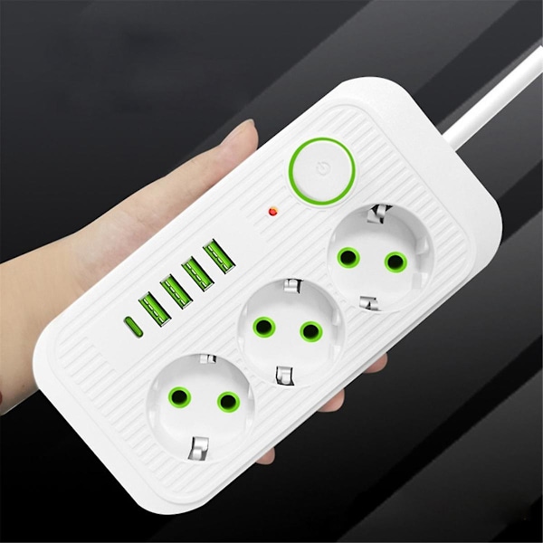 Hvid 2M EU-stik Multi-Standard Udvidelsesledning Strømskinne med USB Type-C Hurtigopladning Hoved DB White
