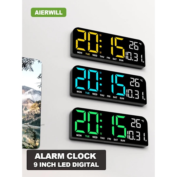 9,0 tums stor digital väggklocka temperatur och datum veckodag visning nattläge bordsalarmklocka 12/24H elektronisk LED-klocka Yellow