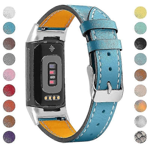 Premium Äkta Läder Justerbart Armband för Fitbit Charge 6/5 - Perfekt Blå Blue Fitbit Charge 6