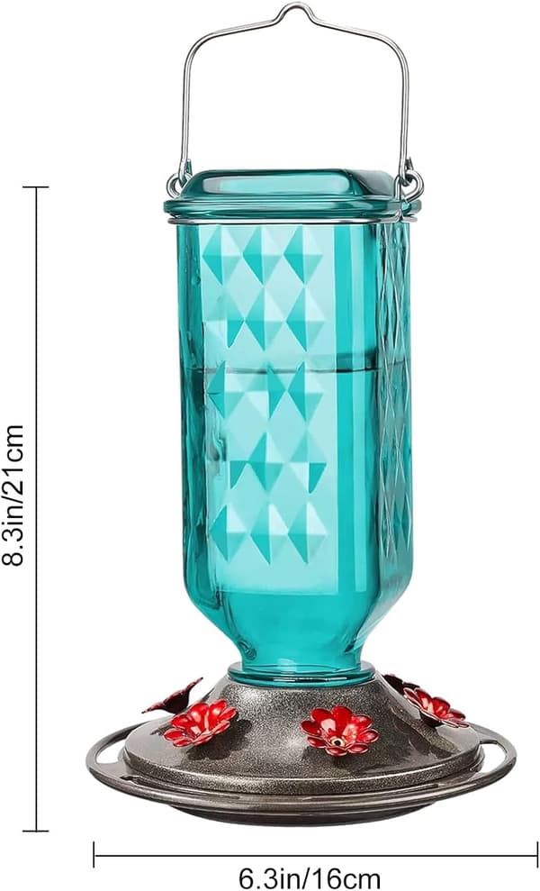 Glas Kolibri Foderautomat til Udendørs Brug 690ml 6 Foderporte Nektar Fuglefoderautomat som Haveindretning Inkluderer Myresikring Turkis