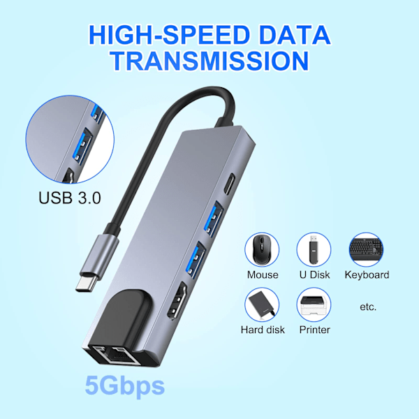5-in-1 USB-C-telakka-asema, tyyppi C - HDMI-sovitin, RJ45 Ethernet, 4K HDMI, 100 W PD, 2 USB 3.0 yhteensopiva MacBook Pro / Air ja tyyppi C -laitteiden kanssa