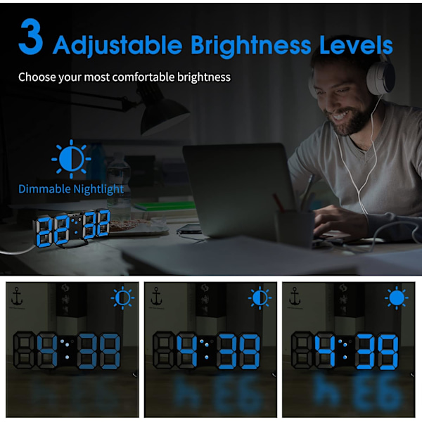 3D LED Digital Väggklocka, Digital Klocka, Timorn 3D LED Väggklocka med 3 Justerbara Ljusstyrkor Nattlampa Snooze-funktion