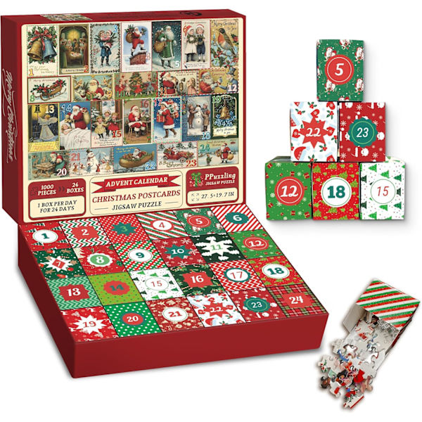 Adventskalender 2024 Julepuslespil til Voksne 1000 Brikker, Jule-nedtællingskalender Puslespil, Vintage Julekort